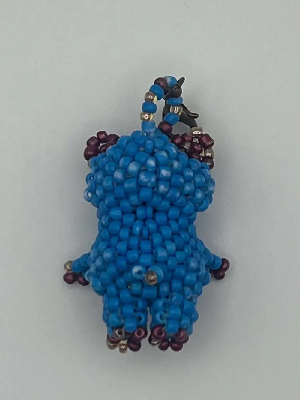 Handmade 3D Beaded Teddy Bear Keychain Charm, Blue and Maroon